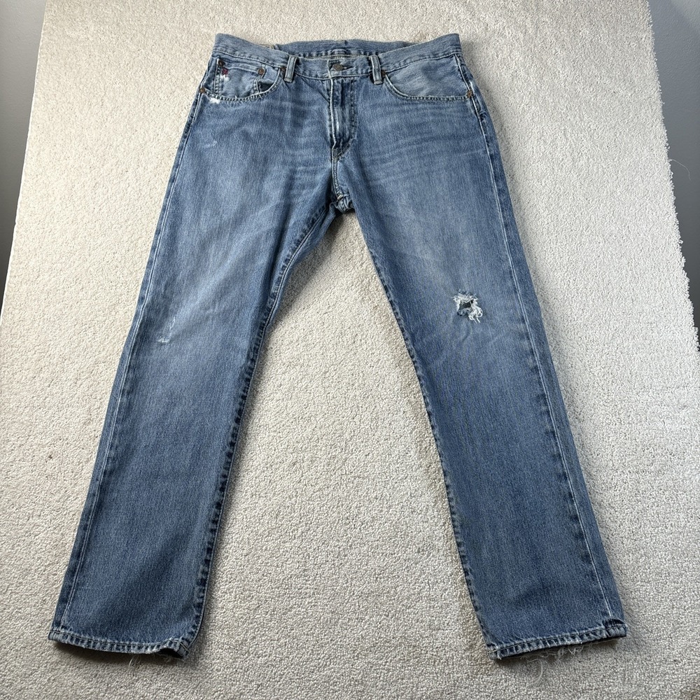 Polo Ralph Lauren Hampton Straight Jeans Men's‎ 33x30 Blue Distressed Light Wash